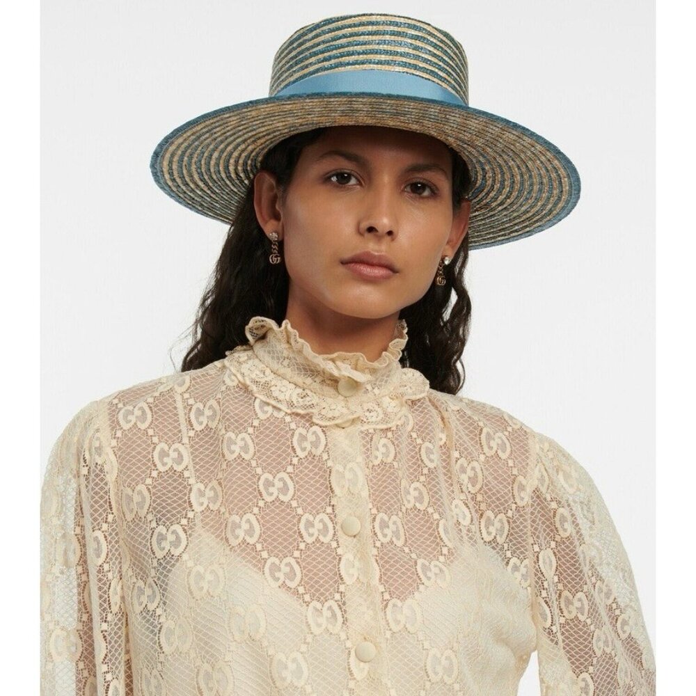NWT GUCCI BLUE STRAW STRIPED HAT BOATER 100% Authentic Size M - Picture 4 of 10